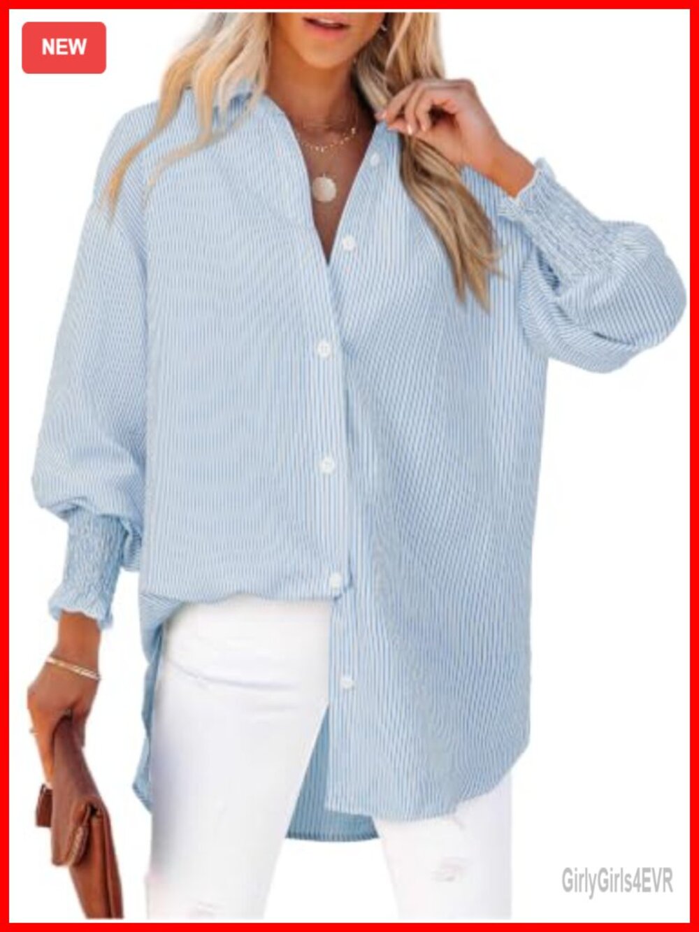 Striped Button Down Shirt Long Sleeve Smocked Cuffed Oversized Boyfriend Blouse